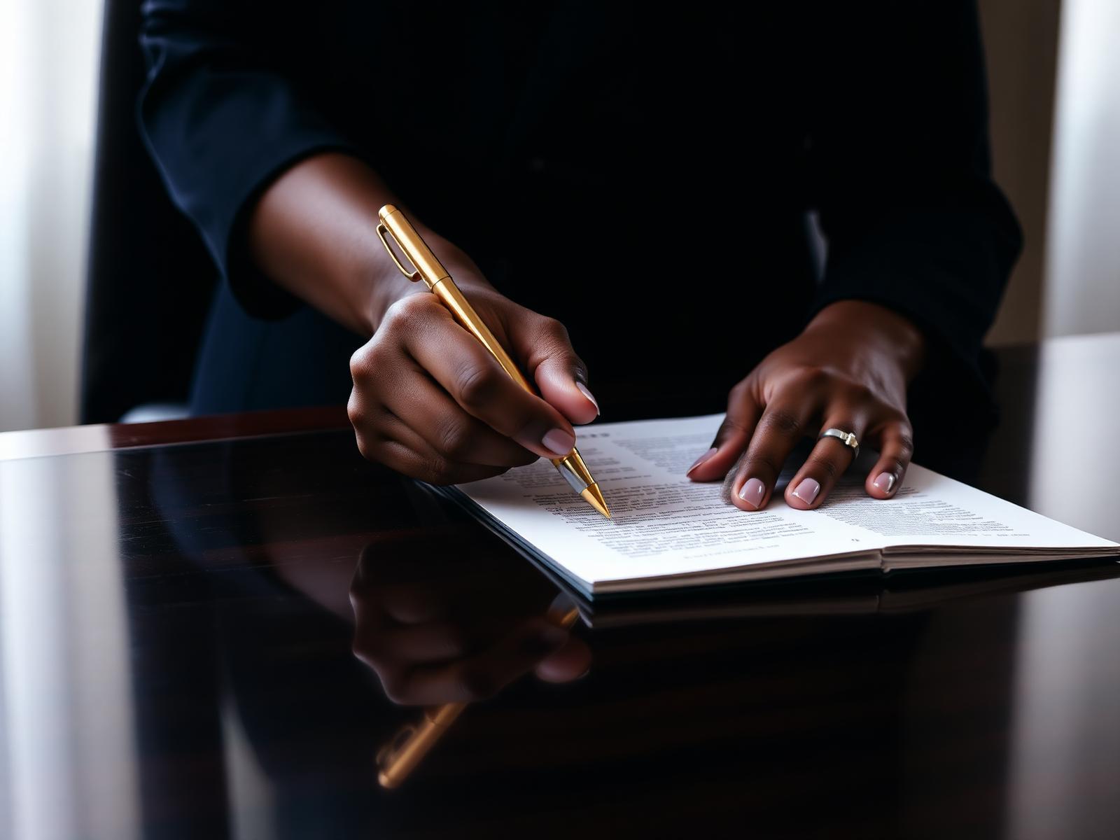 Executive signing legal documents with a gold pen